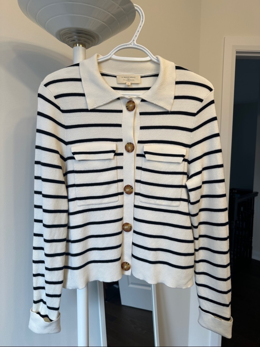 La Maille Sézane écru and black Striped Button-Up Knit Sweater Betty Cardigan - Picture 2 of 7